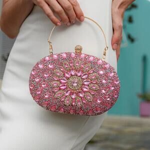 Ramla Pink Crystal Embellished Oval Evening Clutch Beaded Purse NWT